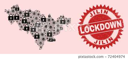 Jilin Province Map Mosaic with Locks and Viruses and Textured Lockdown Stamp 72404974