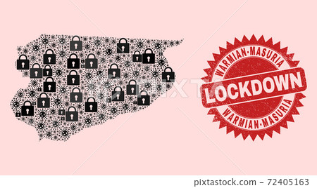 Warmian-Masurian Voivodeship Map Collage with Locks and Viral Items and Grunge Lockdown Stamp 72405163