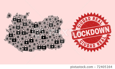 Ciudad Real Province Map Mosaic with Locks and Covid-2019 and Grunge Lockdown Stamp Seal 72405164