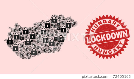 Hungary Map Mosaic with Locks and Viral Items and Distress Lockdown Stamp Seal 72405165