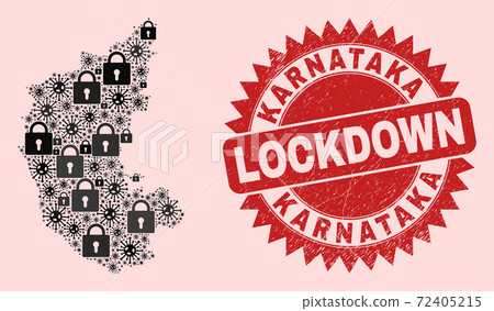 Karnataka State Map Composition with Locks and Covid and Scratched Lockdown Stamp Karnataka State Map Composition with Locks and Covid and Scratched Lockdown Stamp 72405215