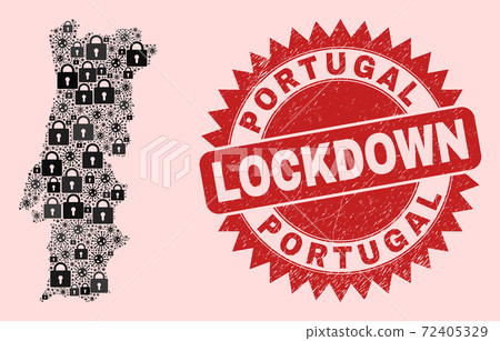 Portugal Map Composition of Locks and Covid and Grunge Lockdown Seal 72405329