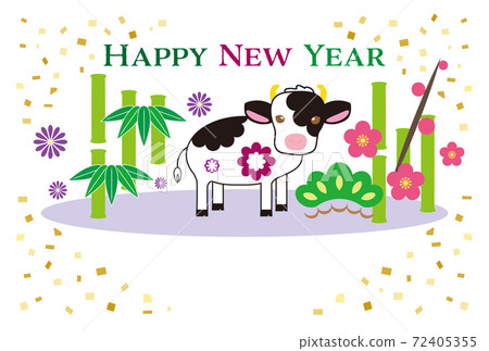 松枝梅上有花斑的牛肉簡單可愛的新年賀卡新年快樂 72405355