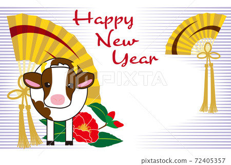 Camellia and beef in a fan Simple cute New Year's card Happy New Year 72405357