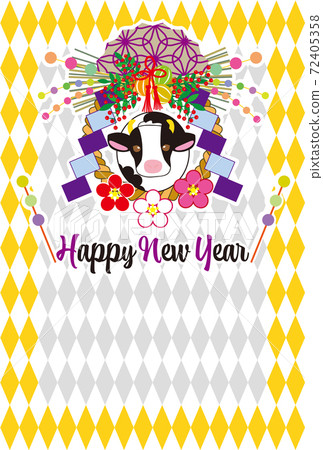 Beef gold and silver check cute New Year's card Happy New Year Beef gold and silver check cute New Year's card Happy New Year 72405358