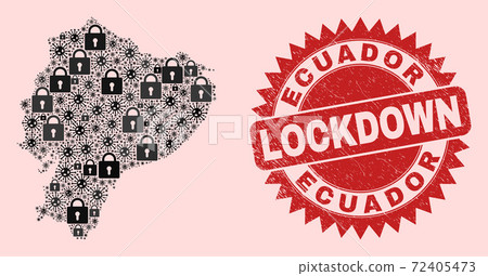 Ecuador Map Composition with Locks and Viral Items and Textured Lockdown Seal Stamp Ecuador Map Composition with Locks and Viral Items and Textured Lockdown Seal Stamp 72405473