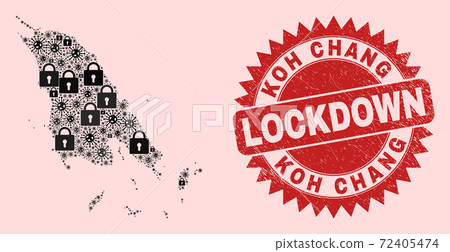 Koh Chang Map Mosaic of Locks and Covid and Grunge Lockdown Stamp Seal 72405474