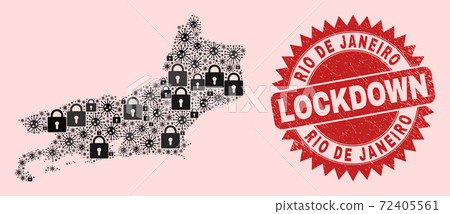 Rio De Janeiro State Map Composition of Locks and Coronaviruses and Distress Lockdown Stamp Seal 72405561