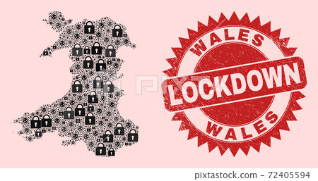 Wales Map Composition with Locks and Covid-2019 and Grunge Lockdown Stamp Seal 72405594