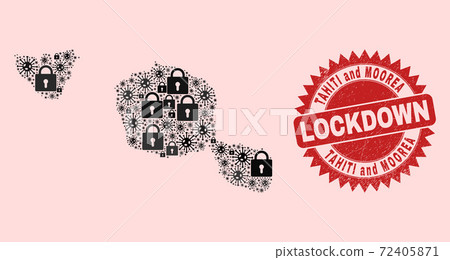 Tahiti and Moorea Islands Map Mosaic of Locks and Covid-2019 and Distress Lockdown Seal Stamp 72405871