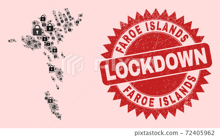 Faroe Islands Map Mosaic with Locks and Viral Items and Textured Lockdown Stamp Seal 72405962