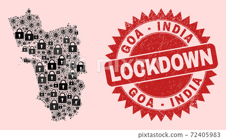 Goa State Map Collage with Locks and Covid-2019 and Scratched Lockdown Stamp Goa State Map Collage with Locks and Covid-2019 and Scratched Lockdown Stamp 72405983