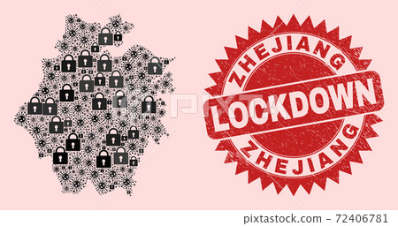 Zhejiang Province Map Mosaic with Locks and Viral Items and Scratched Lockdown Seal Stamp Zhejiang Province Map Mosaic with Locks and Viral Items and Scratched Lockdown Seal Stamp 72406781