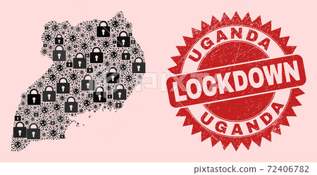 Uganda Map Collage with Locks and Viral Items and Scratched Lockdown Seal Stamp Uganda Map Collage with Locks and Viral Items and Scratched Lockdown Seal Stamp 72406782