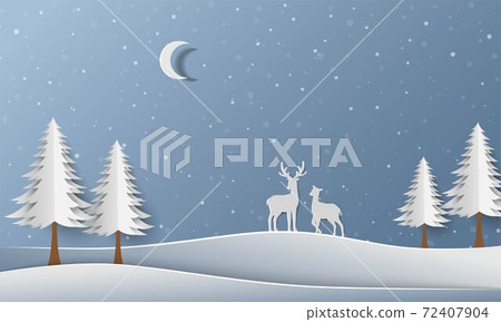 Winter forest with deer family on paper art background 72407904