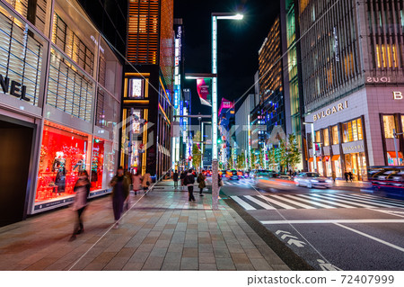 東京銀座夜中央通 2丁目附近 照片素材 圖片 圖庫