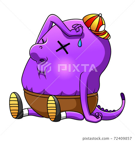 The monster purple using the hat and pants sitting with the tired face 72409857