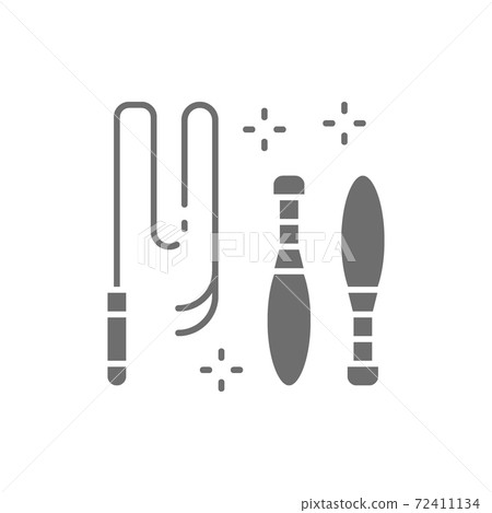 Circus equipment, juggling clubs set and whip grey icon. 72411134
