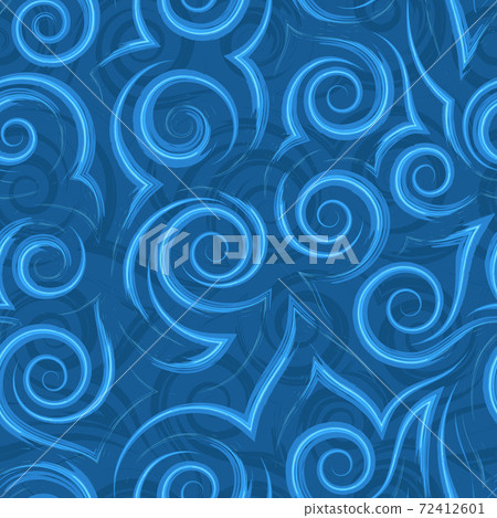 Seamless vector pattern of spirals of flowing lines and corners of turquoise color on a blue background.Texture of swirls and curls. 72412601