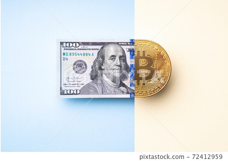 Bitcoin exchange concept. Business, investing and trade idea. Top view, flat lay. cryptocurrency and 72412959