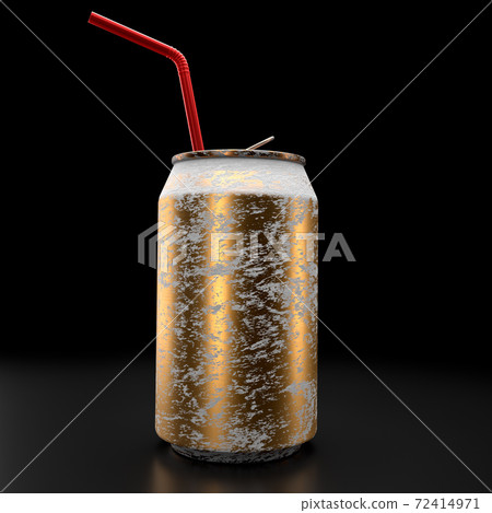 Gold frozen aluminum beer or soda cans with red straw isolated on