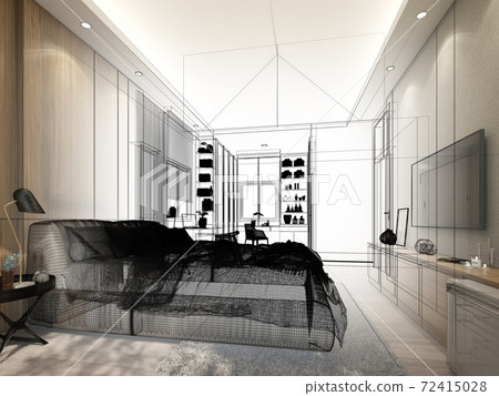 sketch design of interior living room,3d rendering sketch design of interior living room,3d rendering 72415028