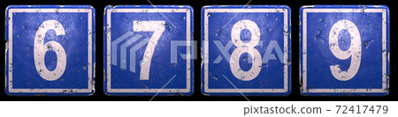 Set of public road sign in blue color with a white numbers 6, 7, 8, 9 in the center isolated black background. 3d 72417479