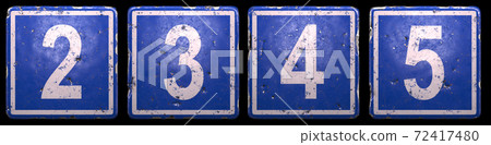 Set of public road sign in blue color with a white numbers 2, 3, 4, 5 in the center isolated black background. 3d Set of public road sign in blue color with a white numbers 2, 3, 4, 5 in the center isolated black background. 3d 72417480