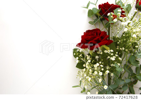 Flower composition from red rose and gypsophila flower eucalyptus branches and leaves isolated on white background. 72417628