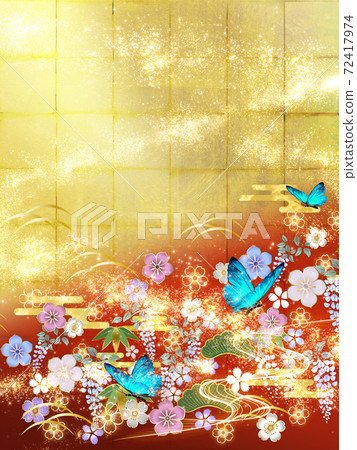 Japanese-style flowers and blue butterflies Gold leaf and red background Vertical 72417974