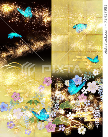 Japanese-style flowers and blue butterflies Gold leaf and black background Vertical 72417983