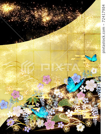 Japanese-style flowers and blue butterflies Gold leaf and black background Vertical 72417984