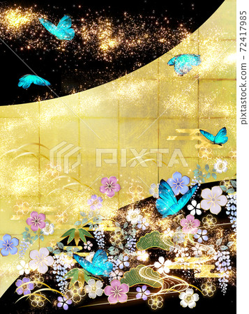 Japanese-style flowers and blue butterflies Gold leaf and black background Vertical 72417985
