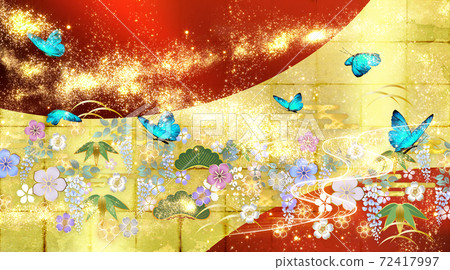 Japanese-style flowers and blue butterflies Gold leaf and red background 72417997