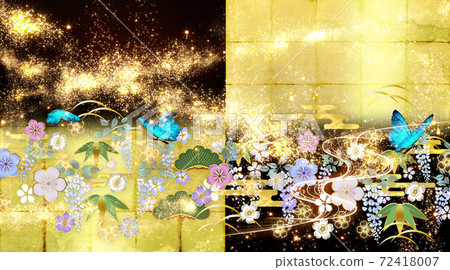 Japanese-style flowers and blue butterflies Gold leaf and black background 72418007