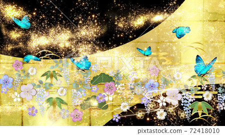 Japanese-style flowers and blue butterflies Gold leaf and black background 72418010
