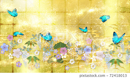 Japanese-style flowers and blue butterflies on the gold leaf background Japanese-style flowers and blue butterflies on the gold leaf background 72418013