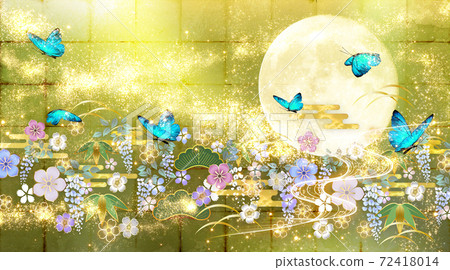 Japanese-style flowers, moon, blue butterflies, gold leaf and green background Japanese-style flowers, moon, blue butterflies, gold leaf and green background 72418014