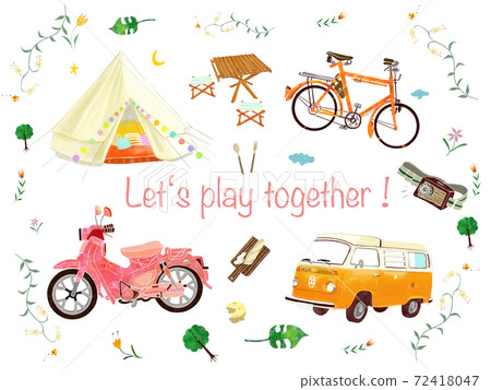可用於趣味露營、帳篷和露營用品的汽車、摩托車和山地自行車等車輛插圖 可用於趣味露營、帳篷和露營用品的汽車、摩托車和山地自行車等車輛插圖 72418047