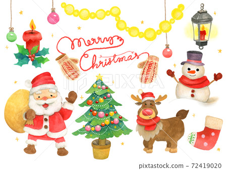 手繪水彩聖誕節設置與聖誕老人，馴鹿和樹 72419020