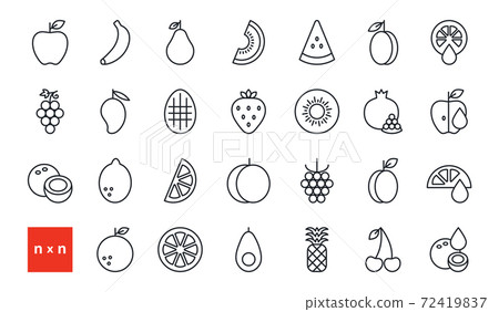 Set of vector linear icons. Fruits and berries. Contour, shape, outline. Thin line. Modern minimalistic design. Healthy food and vitamins Set of vector linear icons. Fruits and berries. Contour, shape, outline. Thin line. Modern minimalistic design. Healthy food and vitamins 72419837