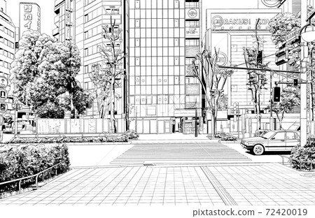 漫畫風格的鋼筆劃插圖市中心_城市景觀 72420019