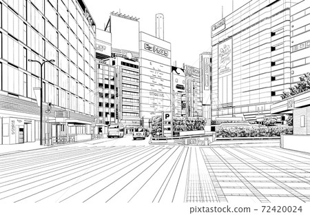 漫畫風格的鋼筆劃插圖市中心_城市景觀 72420024