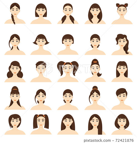 Set of women's hairstyles. Beautiful young brunette girls with different hairstyles isolated on a white background.. Set of women's hairstyles. Beautiful young brunette girls with different hairstyles isolated on a white background.. 72421876