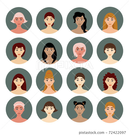 Set of avatar women's hairstyles. Beautiful young girls with different hairstyles isolated on a white background. Set of avatar women's hairstyles. Beautiful young girls with different hairstyles isolated on a white background. 72422097
