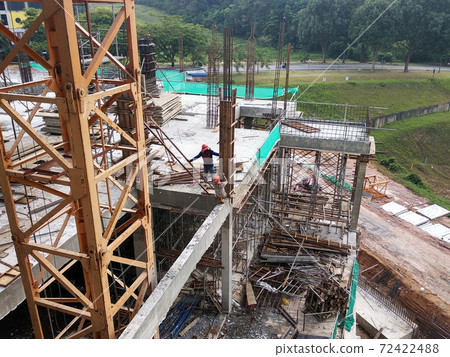 MALACCA, MALAYSIA -MARCH 2, 2020: Construction workers working at height at the construction site. They are supplied with harnesses and other safety equipment to prevent them from having an accident. 72422488