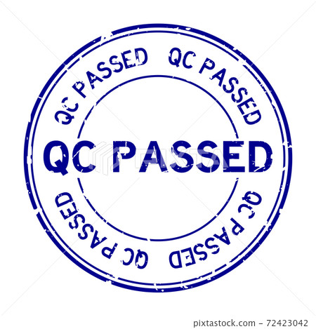 Grunge blue QC passed word round rubber seal stamp on white background 72423042