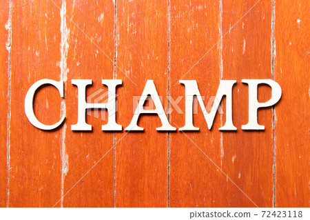 Alphabet letter in word champ on old red color wood plate background 72423118