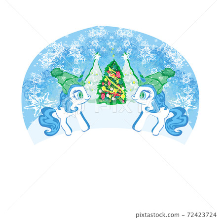 illustration of unicorns with christmas tree - banner 72423724