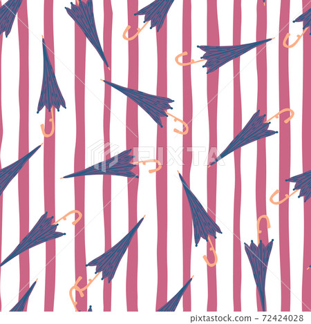 Seamless random pattern with purple umbrella simple elements. Pink and white striped background. 72424028